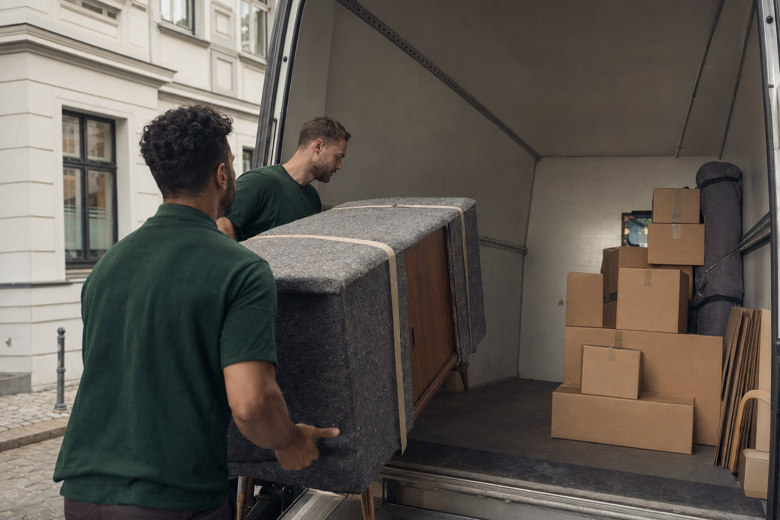 Zwei Umzugshelfer beladen ein Sideboard in einen Transporter — editorial fotografiert